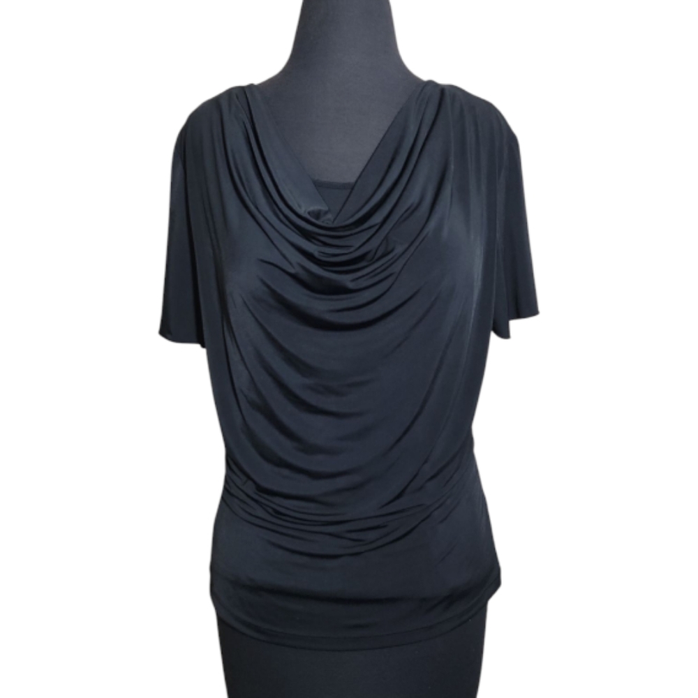 Evan Picone black drape cowl neck short sleeve top women's size large petite